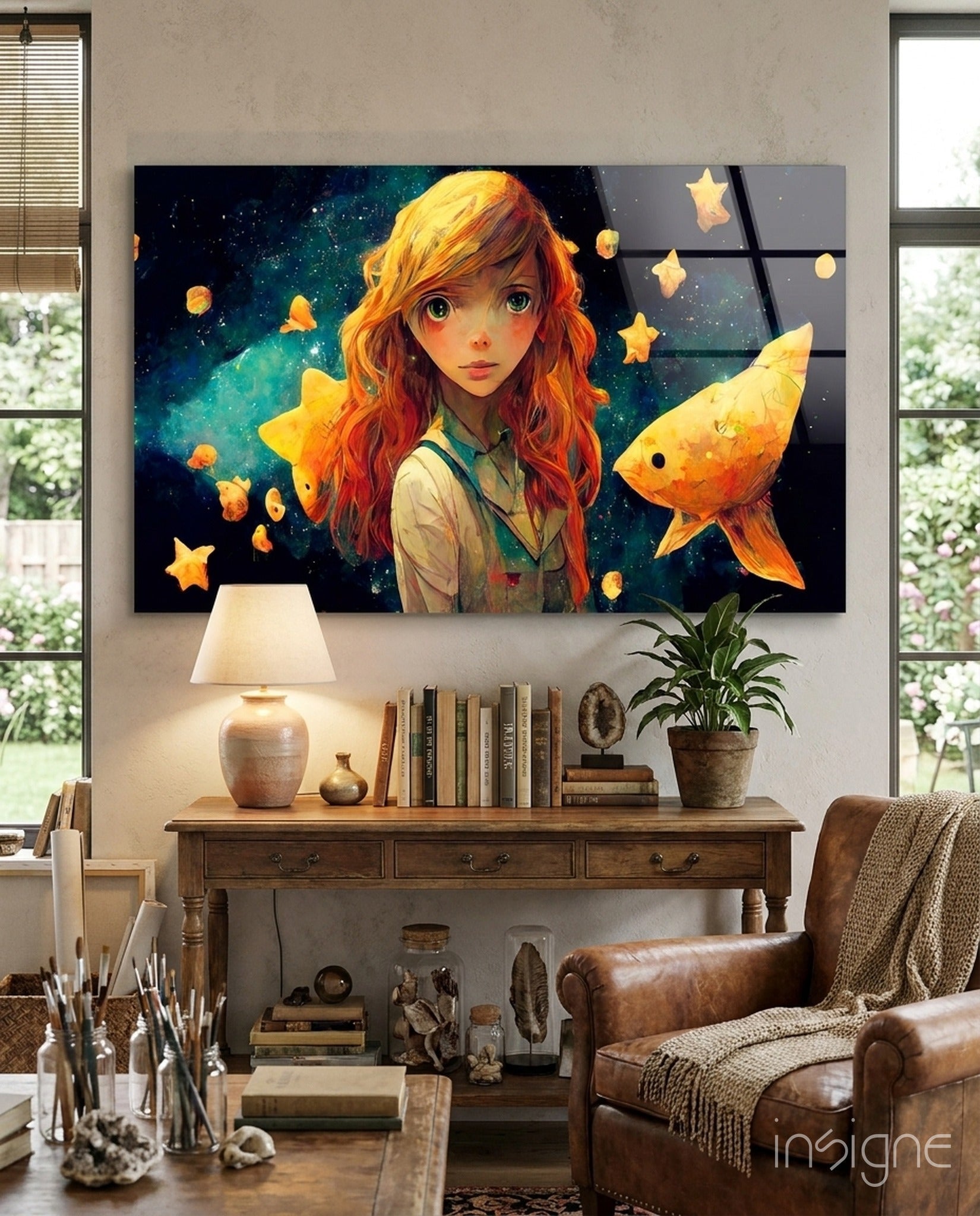 Space Aquarium girl and glowing goldfish glass wall art