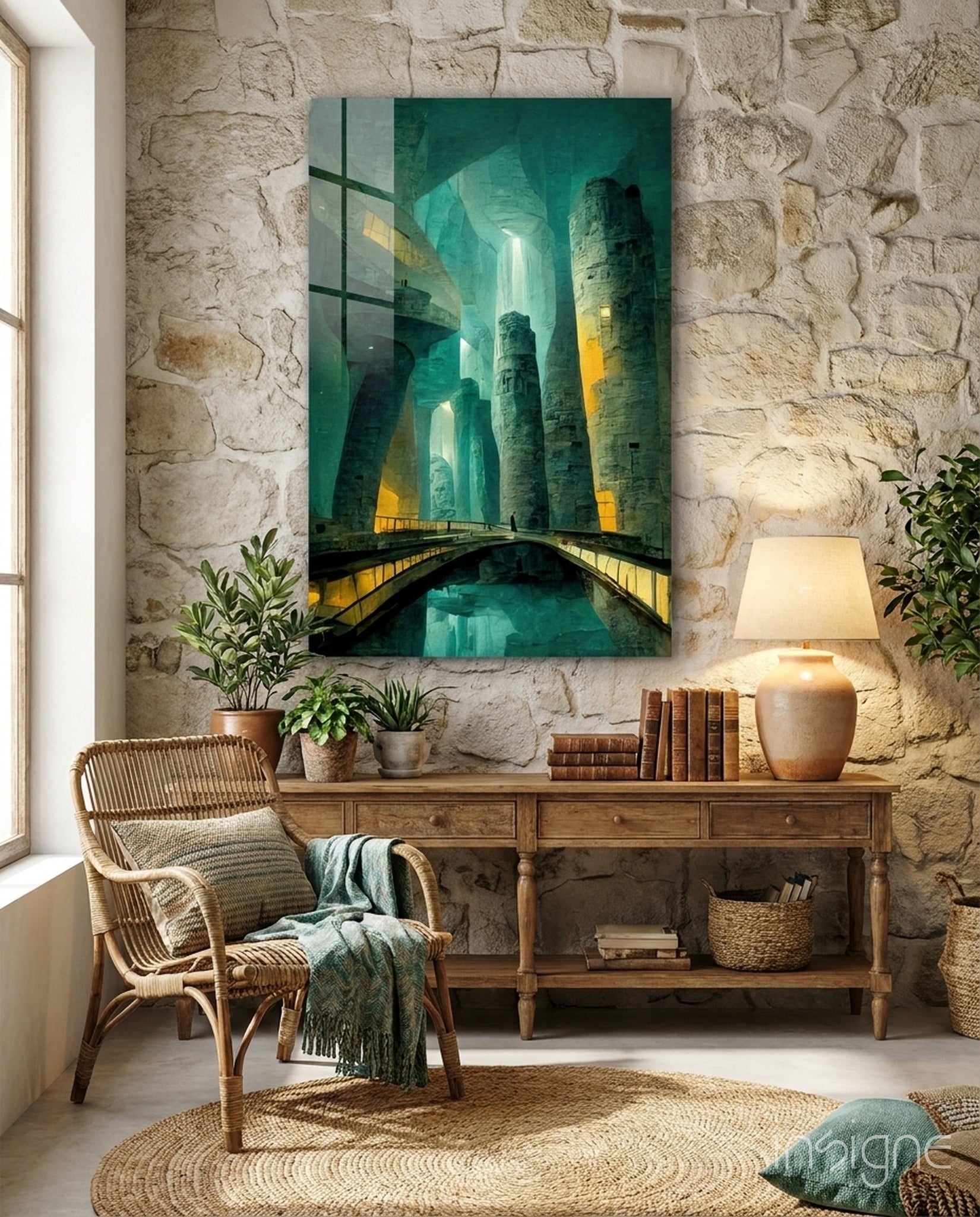Underground vaulted stone citadel glass wall art