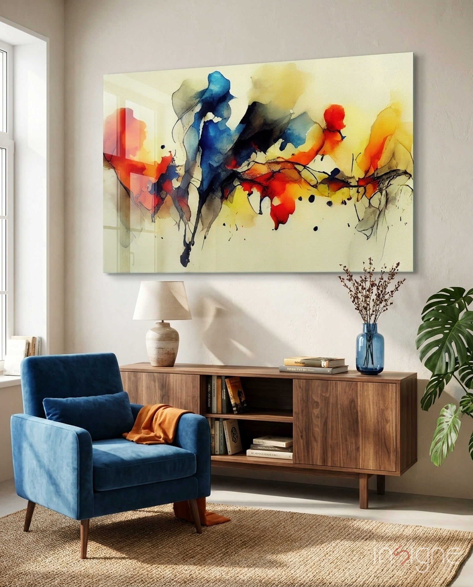 Frequency sapphire and vermilion watercolor glass wall art