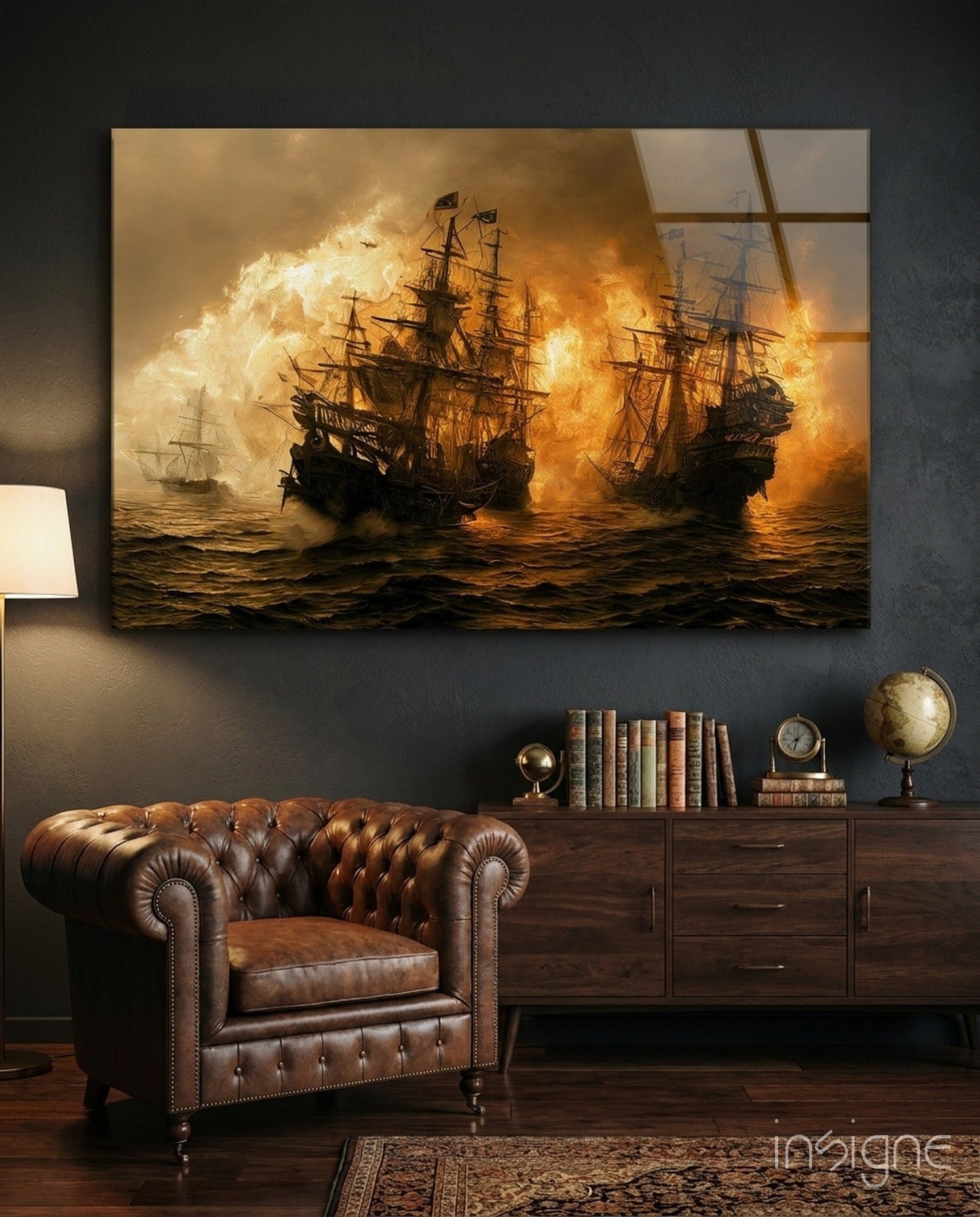Red Storm galleon ships stormy sea glass wall art