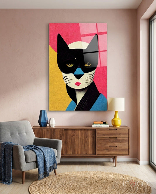 Masked tuxedo cat pop-art glass wall art in magenta and mustard