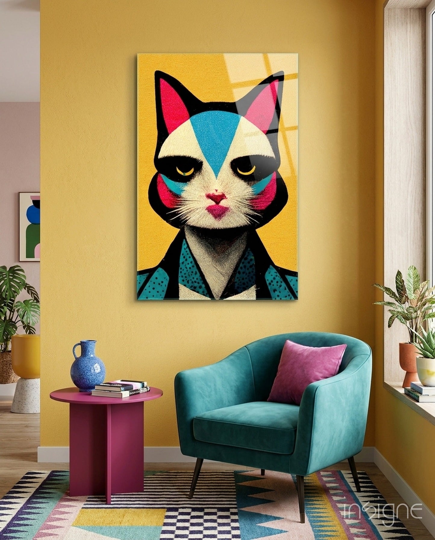 The Cat glass wall art print of a single watchful cat on tempered glass