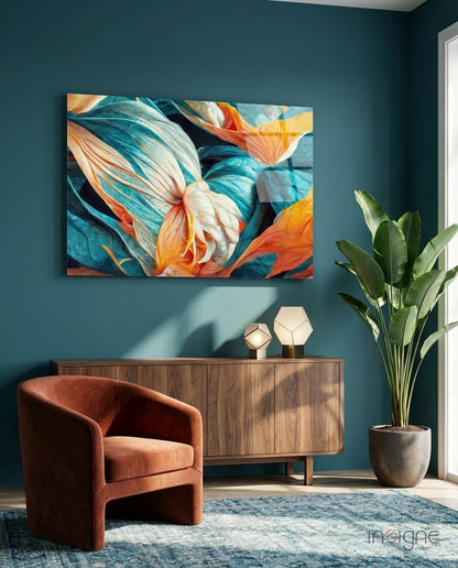 Flowerish turquoise-and-coral floral glass wall art
