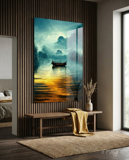 Silence misted river boat glass wall art in teal-and-gold