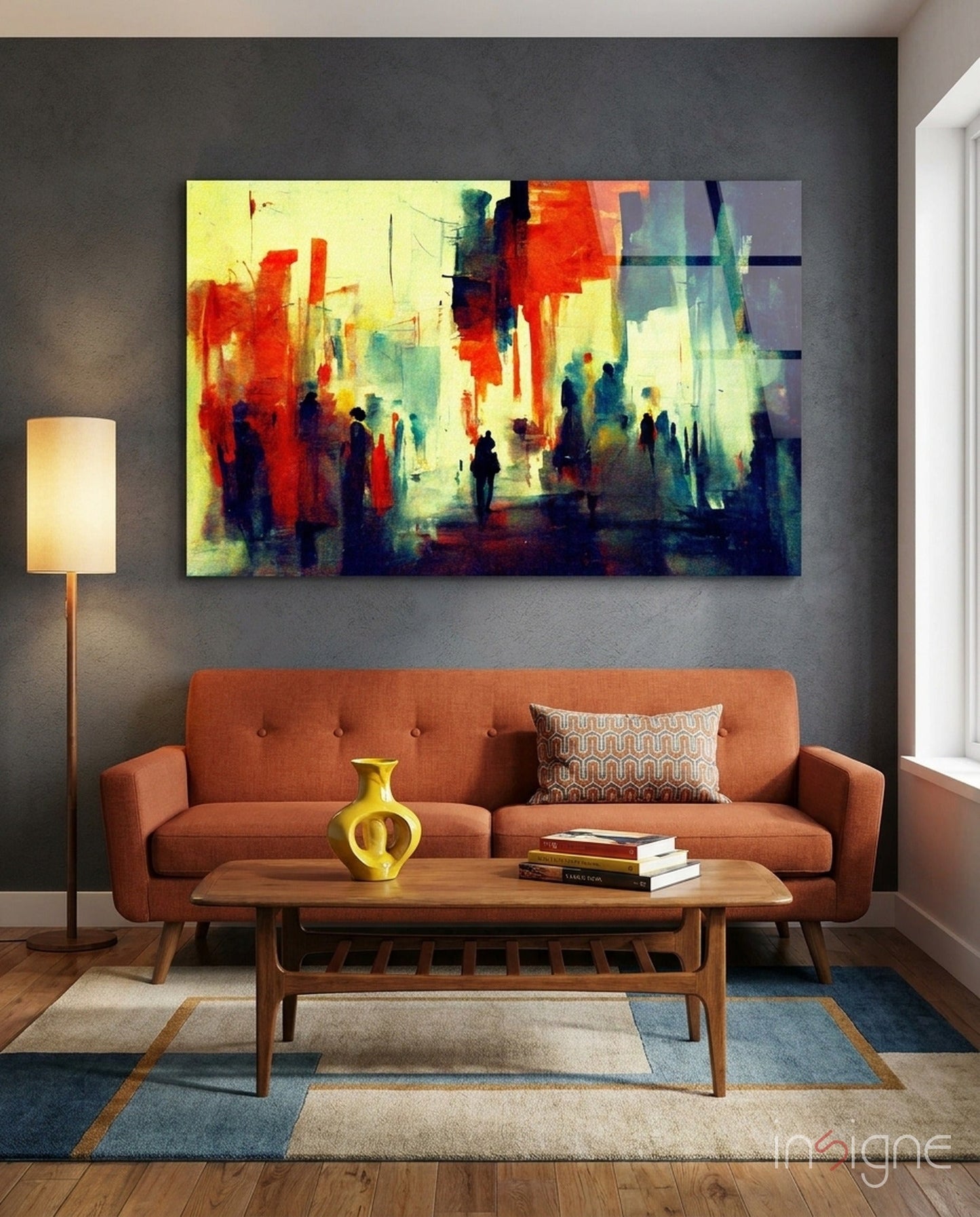 Silhouettes watercolor city glass wall art in crimson-and-indigo