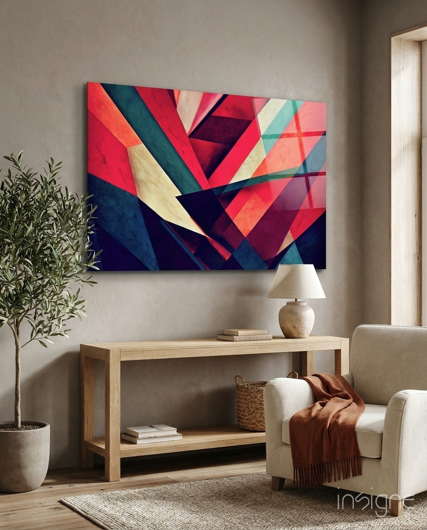 Corners glass wall art with crimson-and-indigo geometric facets