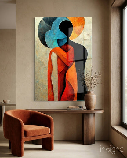 Hug cubist figures glass wall art in cobalt-and-amber