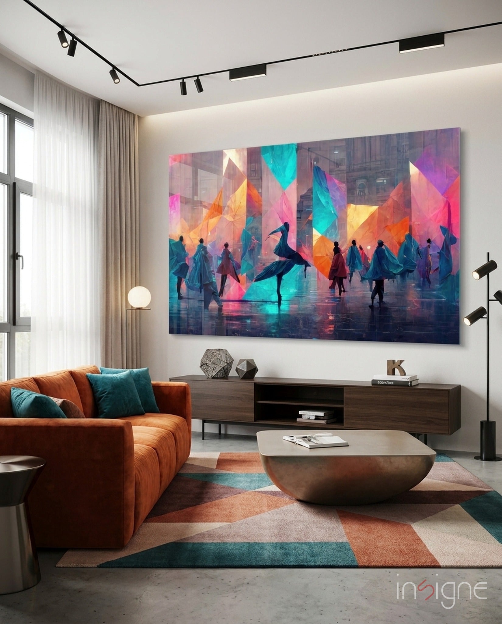 Cubic Walk glass wall art with magenta-and-cyan prismatic figures