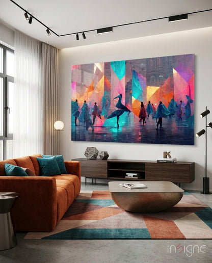 Cubic Walk glass wall art with magenta-and-cyan prismatic figures