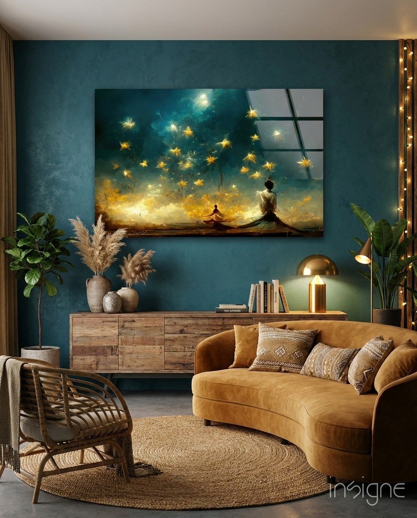 Mysticism starlit dervish glass wall art with cobalt-and-gold sky
