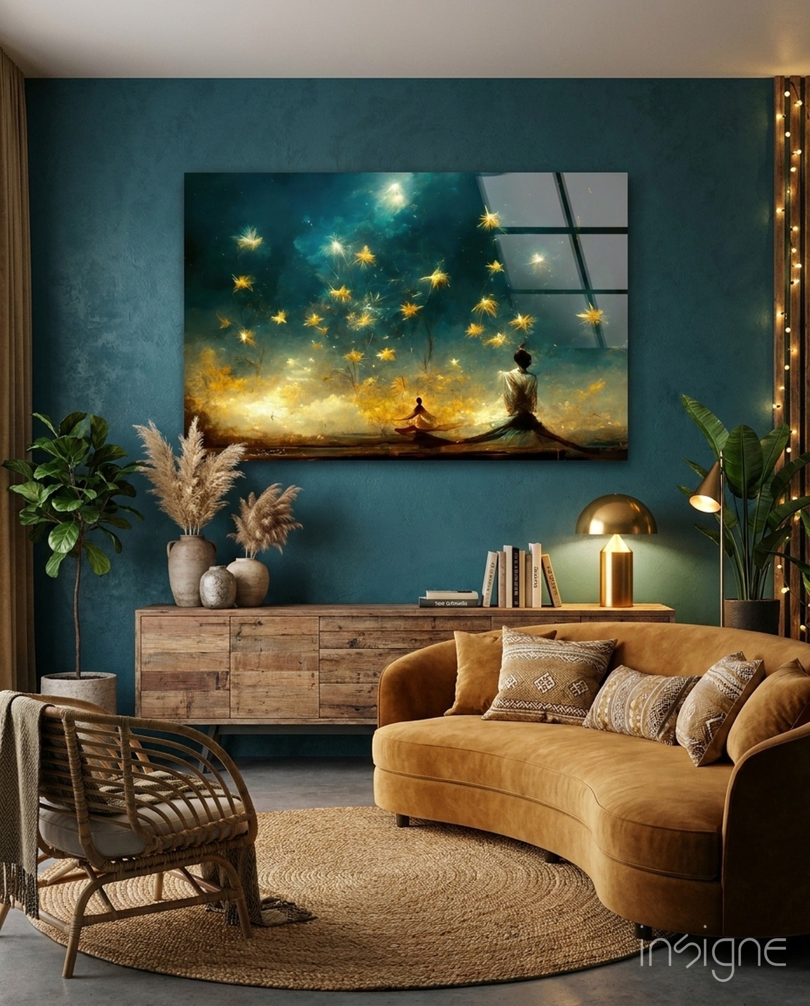 Mysticism starlit dervish glass wall art with cobalt-and-gold sky