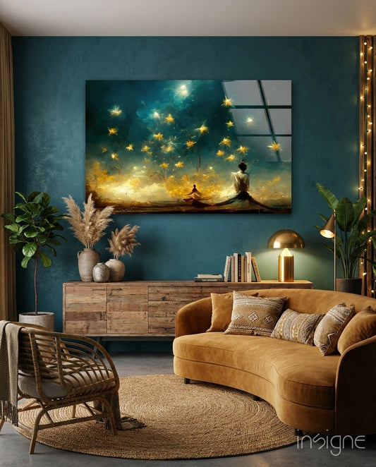 Mysticism starlit dervish glass wall art with cobalt-and-gold sky