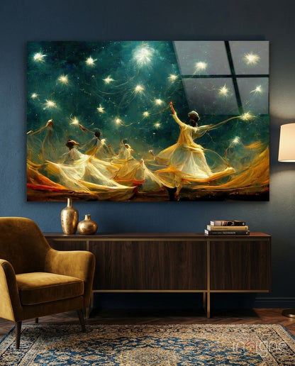Mysticism twirling dervish glass wall art with golden sparklers