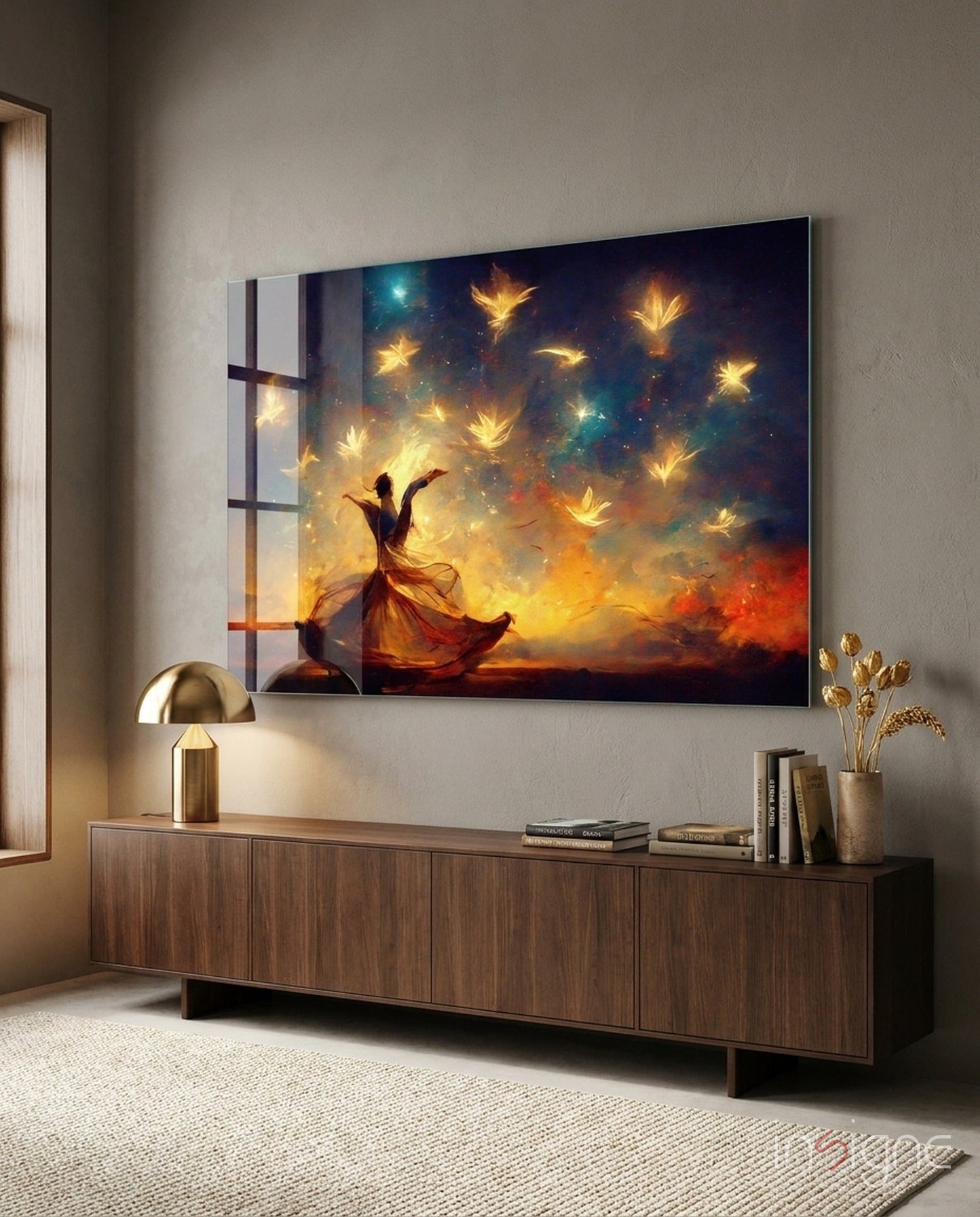 Mysticism Sufi dancer glass wall art with ember-gold birds and cobalt sky