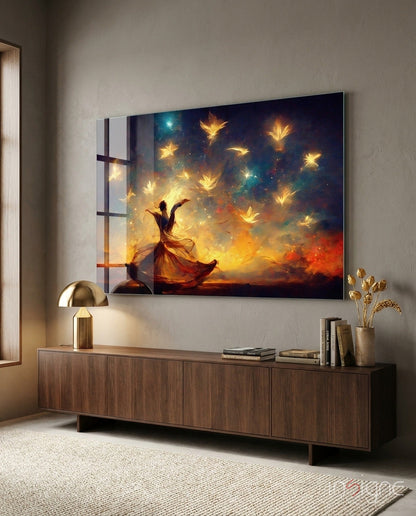 Mysticism Sufi dancer glass wall art with ember-gold birds and cobalt sky