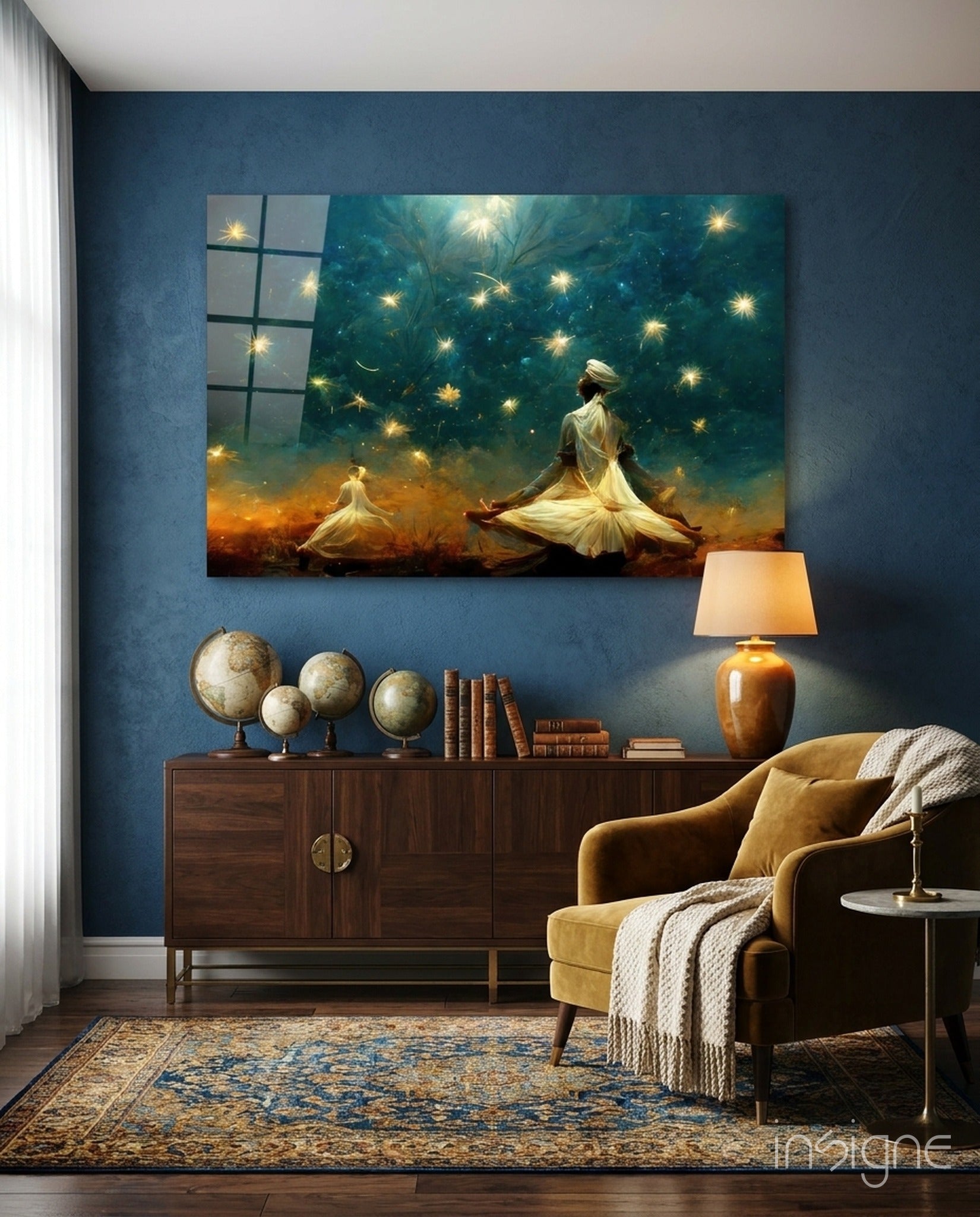 Mysticism meditating dervish glass wall art with teal starlit sky