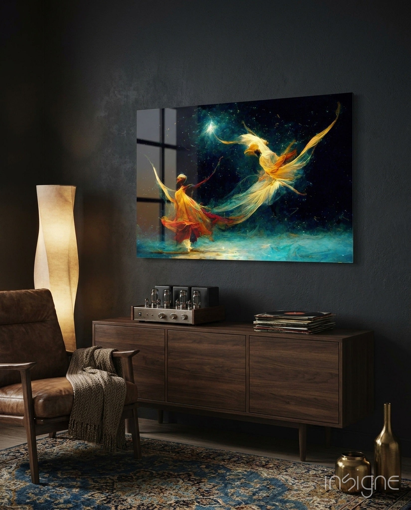 Mysticism two dervishes glass wall art in cobalt-and-gold cosmos