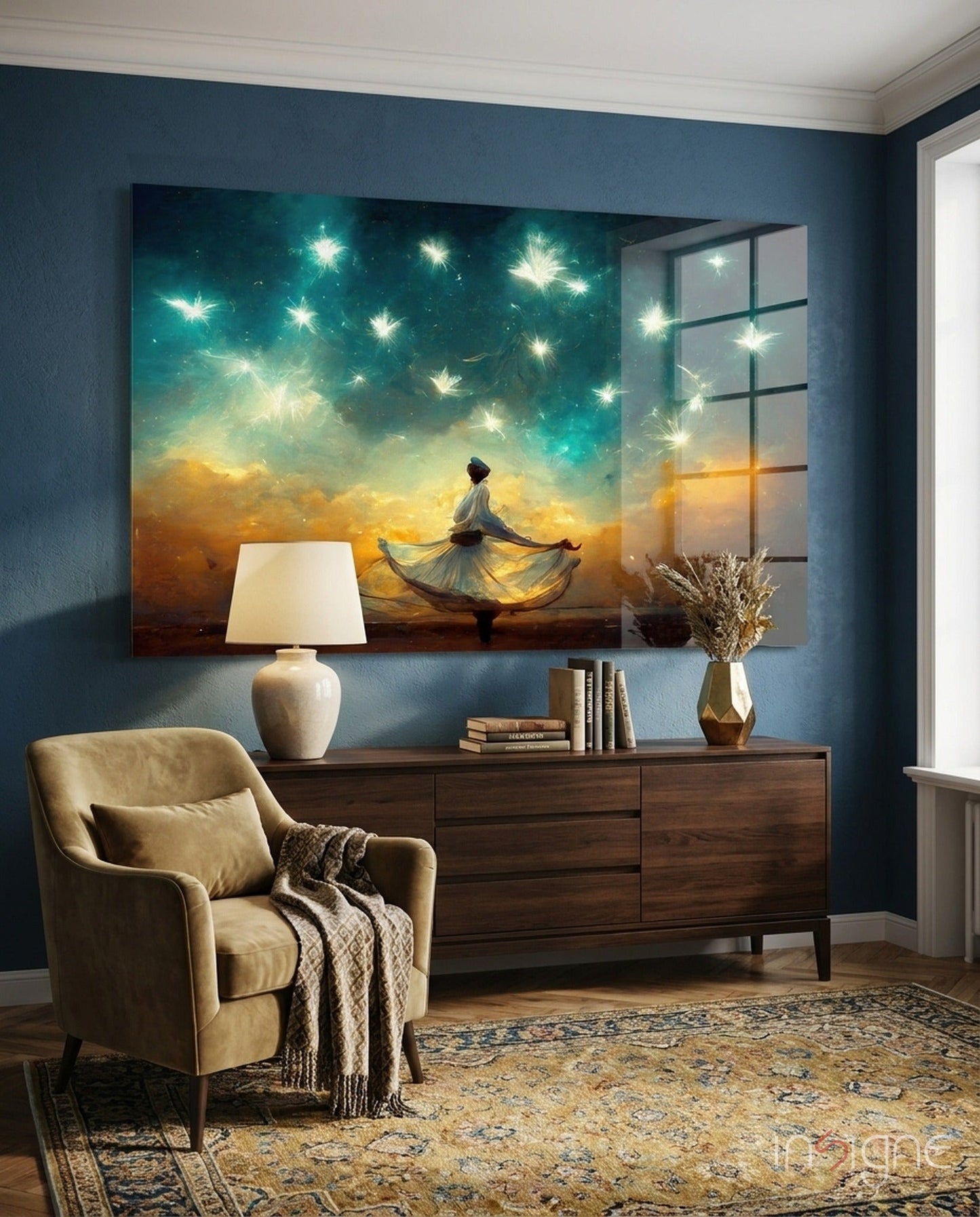 Whirling dervish glass wall art, ivory-robed figure spinning above amber clouds and stars