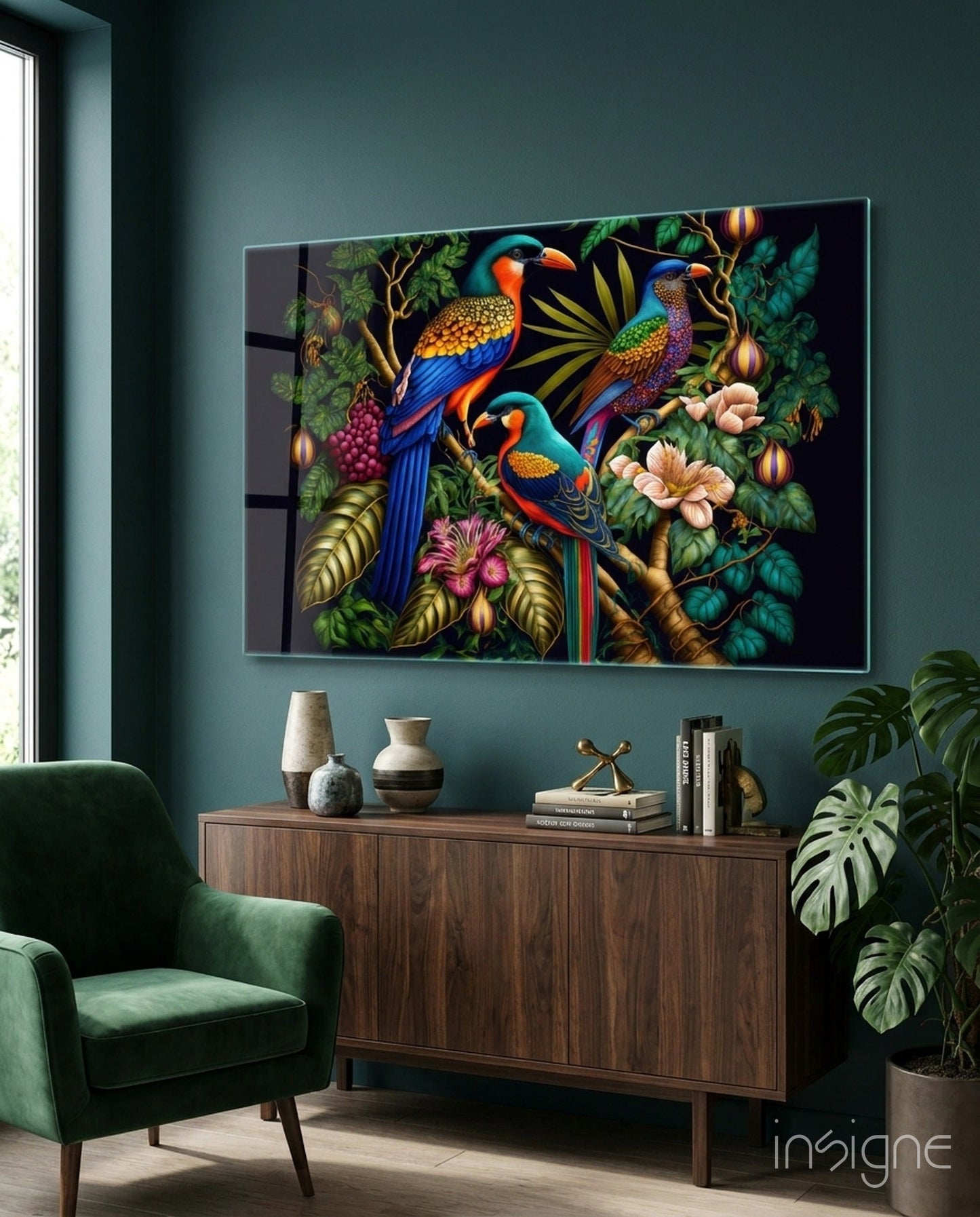 Tropical birds glass wall art - three jewel-toned birds on flowering branches, tempered glass