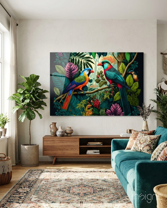 Tropical birds jungle glass wall art, two parrots in botanical foliage on tempered glass
