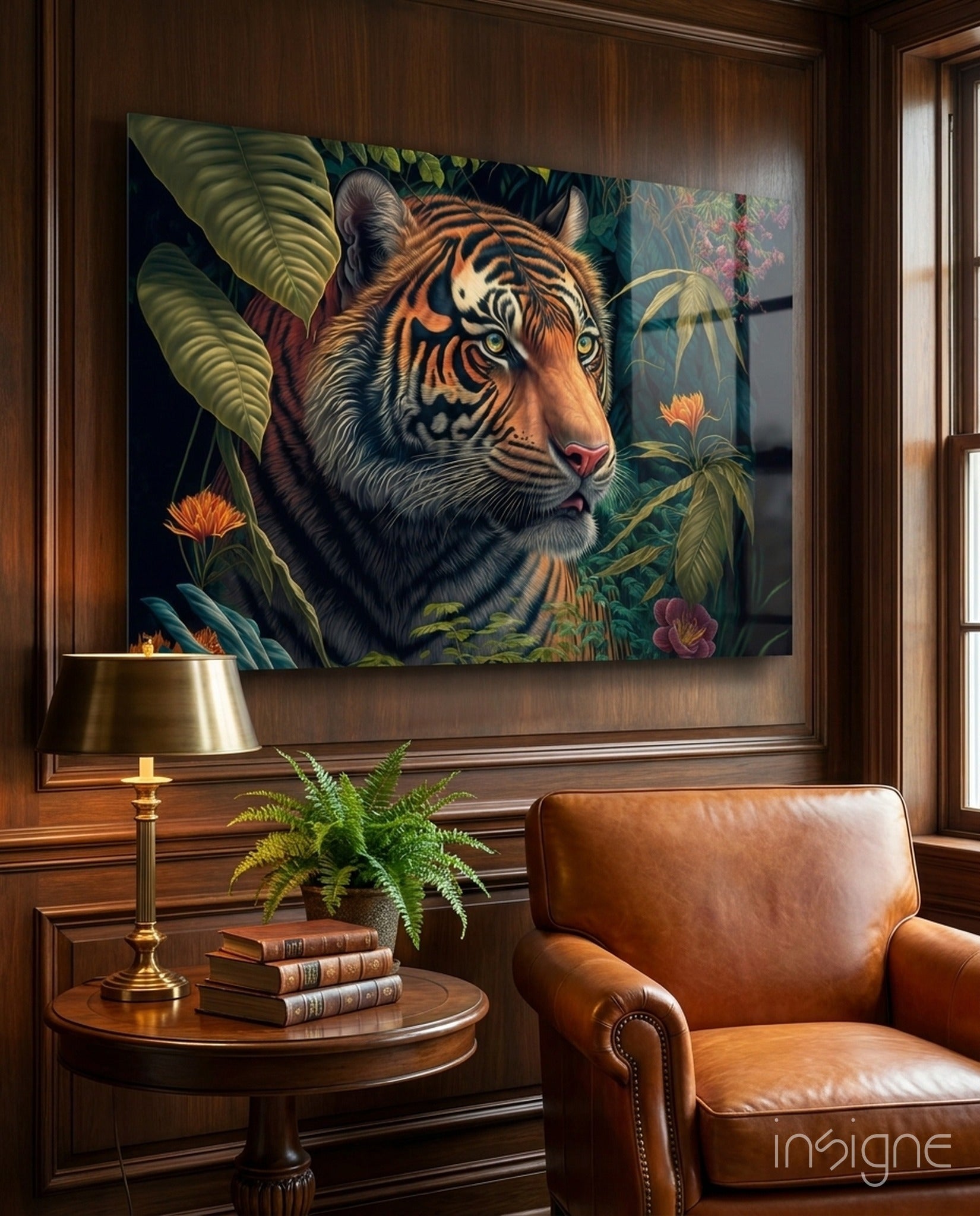 Trap Behind Flowers glass wall art featuring a Bengal tiger among tropical flowers