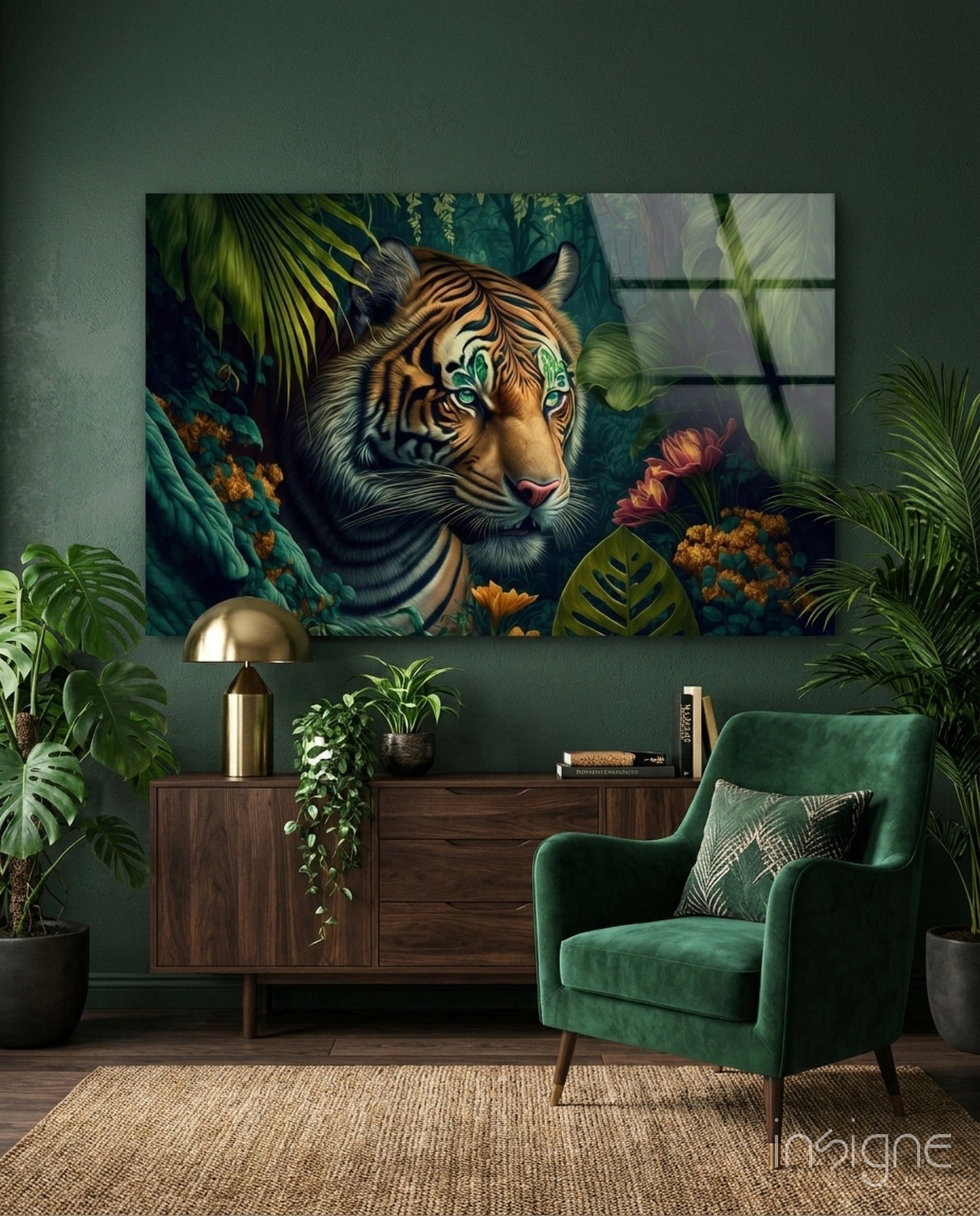 Trap Behind Flowers glass wall art tiger in jungle