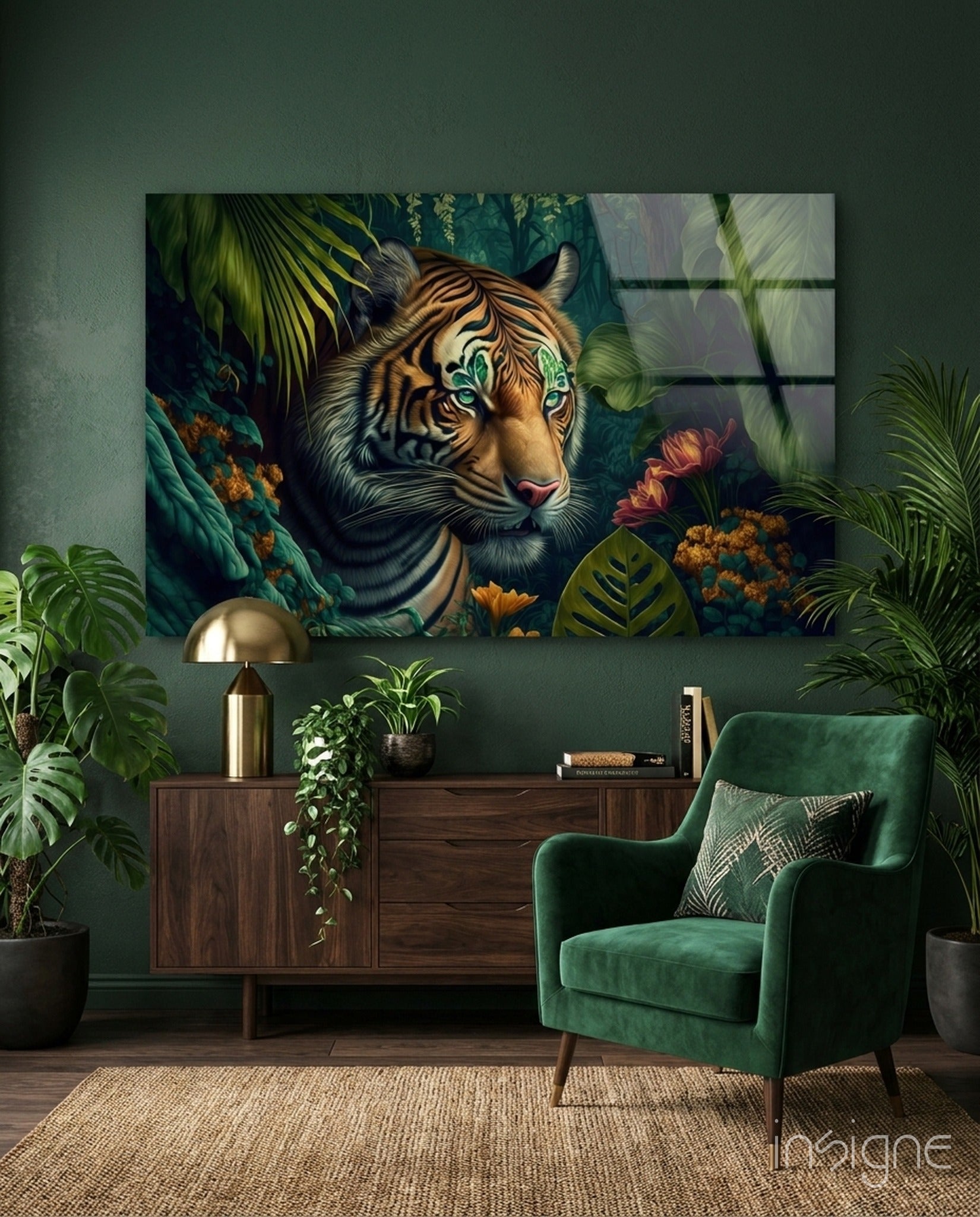 Trap Behind Flowers glass wall art tiger in jungle