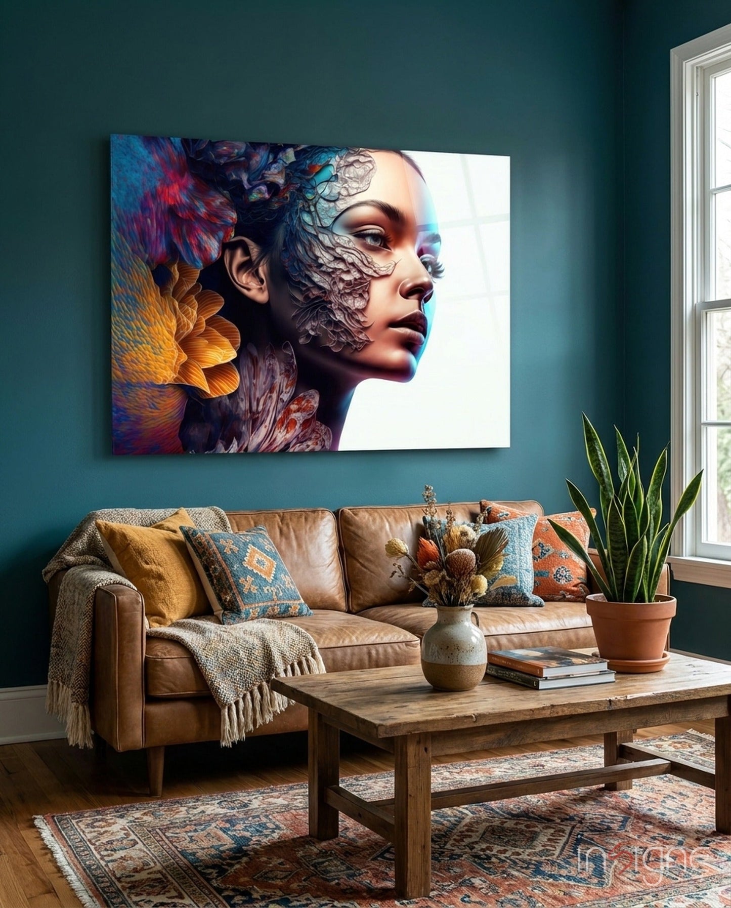 Transmutation to Beauty glass wall art hanging in a modern room