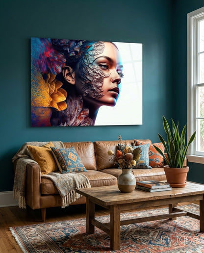 Transmutation to Beauty glass wall art hanging in a modern room