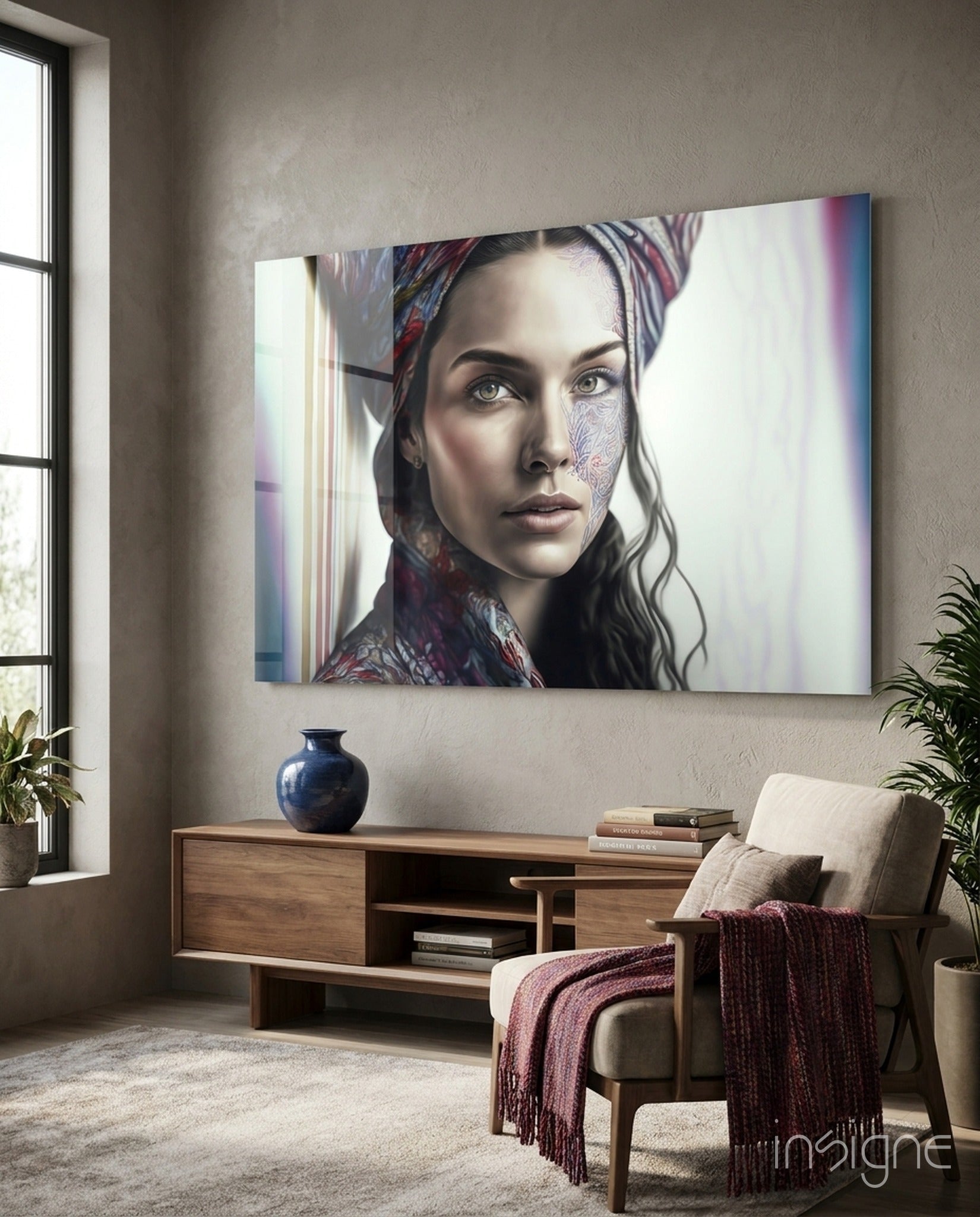 Girl with a Tattoo crimson scarf glass wall art hanging display