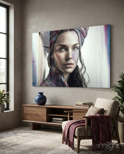 Girl with a Tattoo crimson scarf glass wall art hanging display