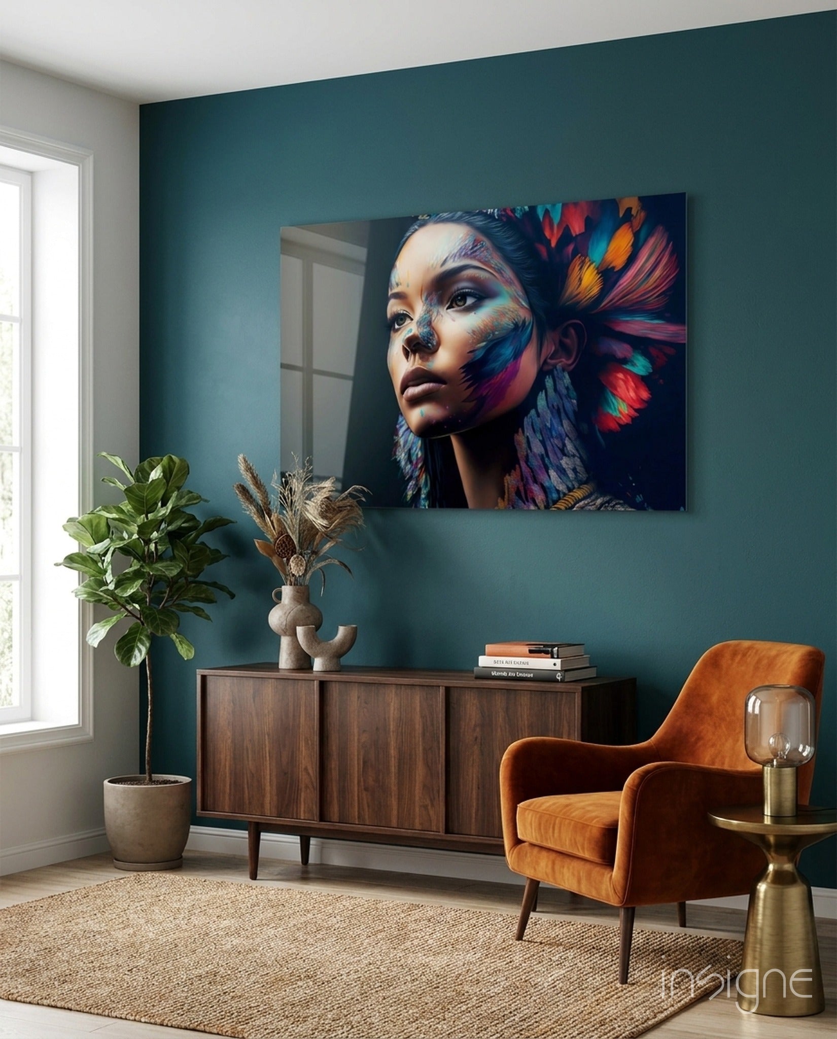 Girl with a Tattoo glass wall art feathered portrait