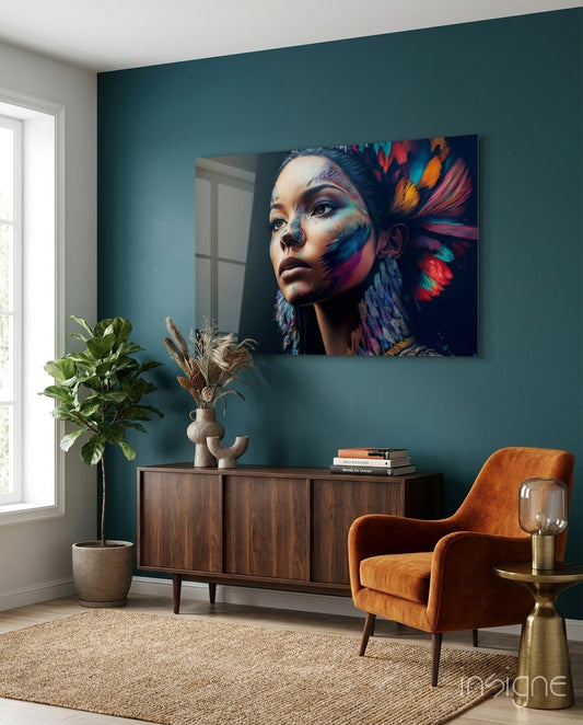 Girl with a Tattoo glass wall art feathered portrait