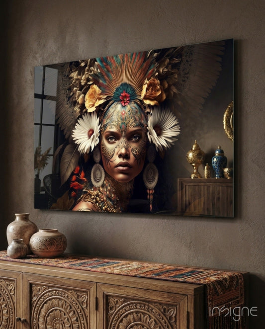 Queen of Flowers glass wall art feathered floral portrait