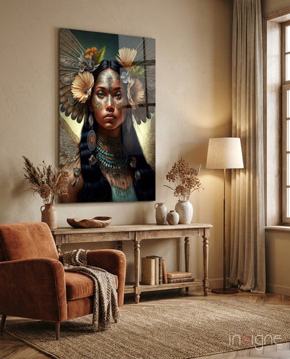 Princess of Flowers glass wall art hanging in a modern room