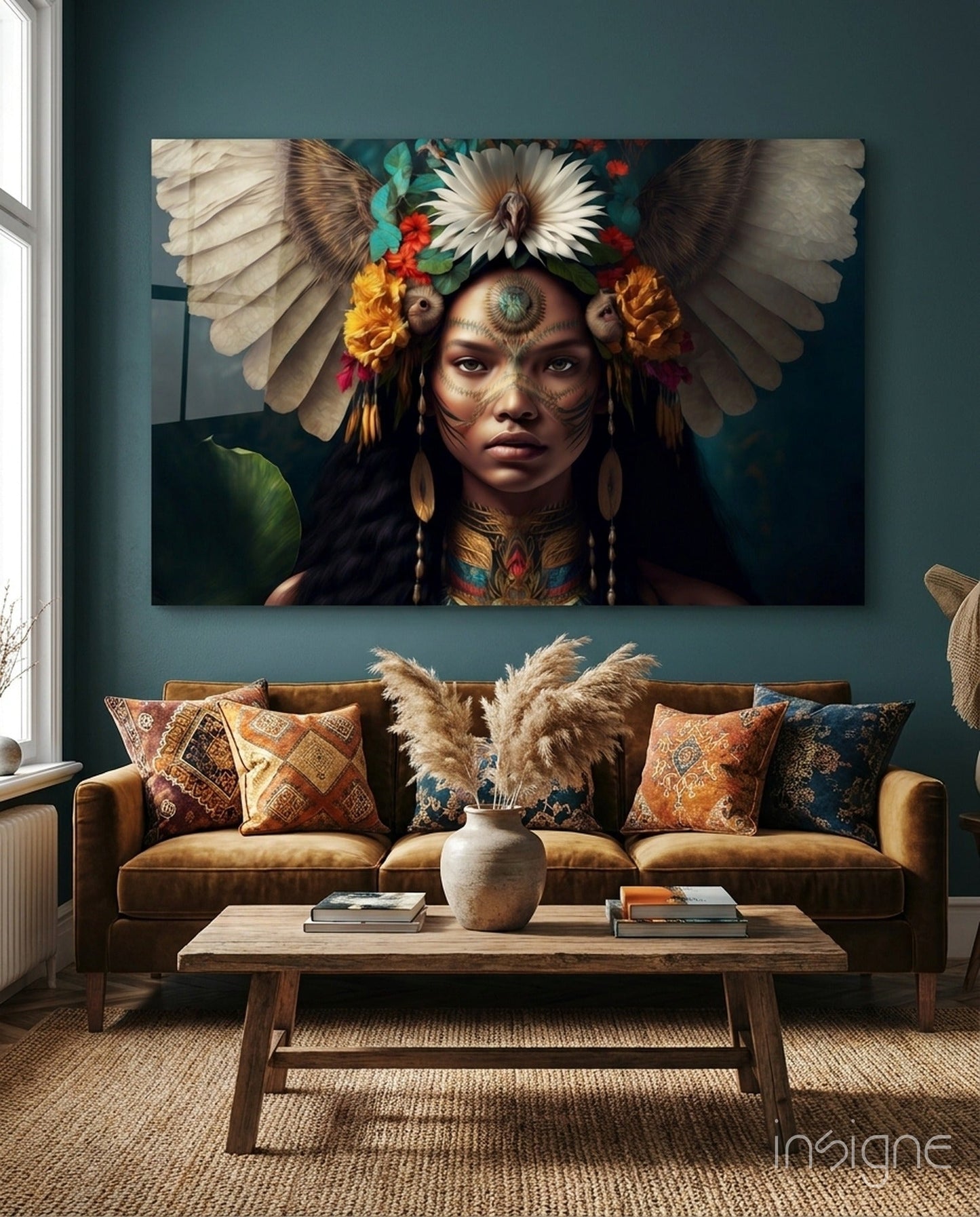 Beauty of the Clan glass wall art hanging in a modern room