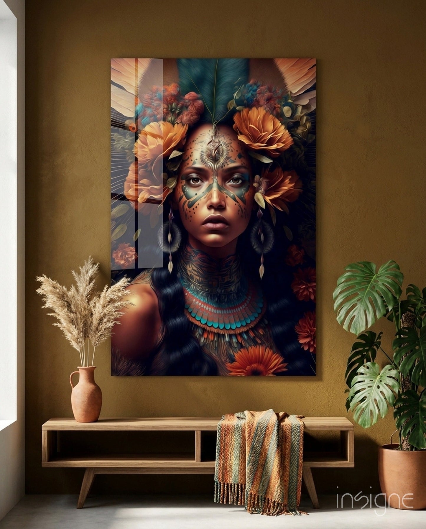 Beauty of the Clan glass wall art hanging in a modern room