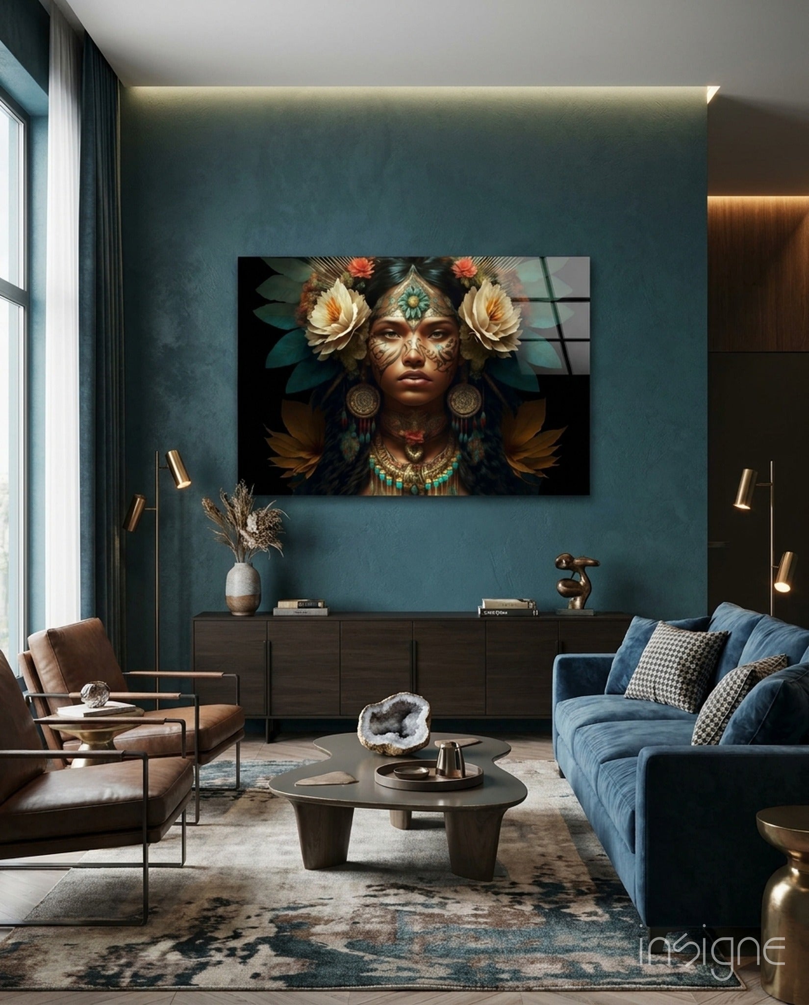 Ivory peony portrait glass wall art with gold filigree