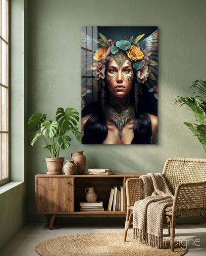 Tribal warrior glass wall art with butterfly wings