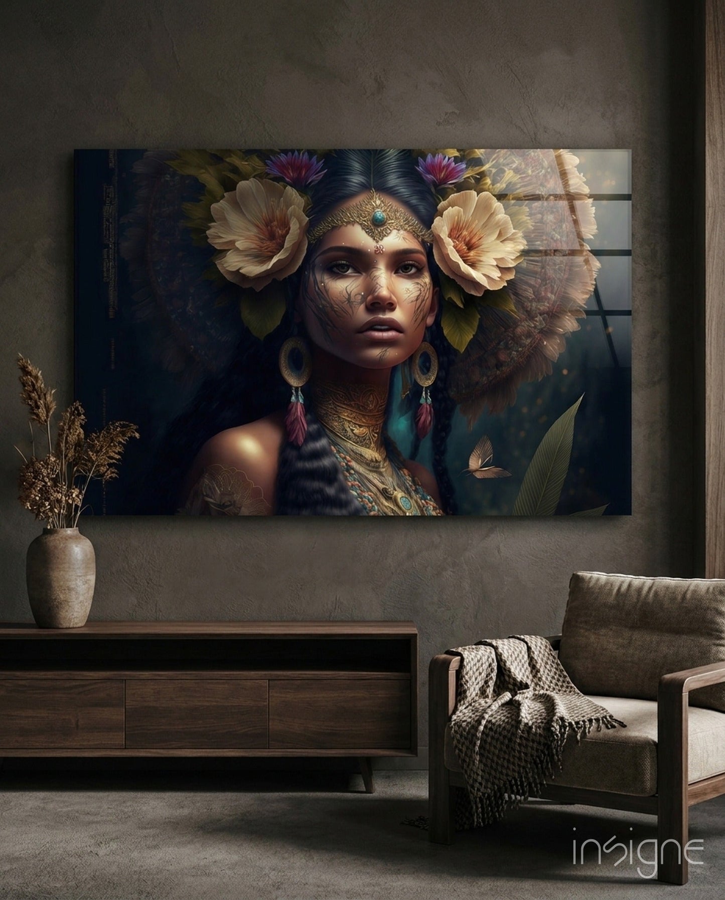 Flower Master glass wall art featuring a flowered tribal portrait