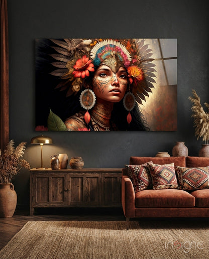 Beauty of the Clan glass wall art featuring a feathered tribal portrait
