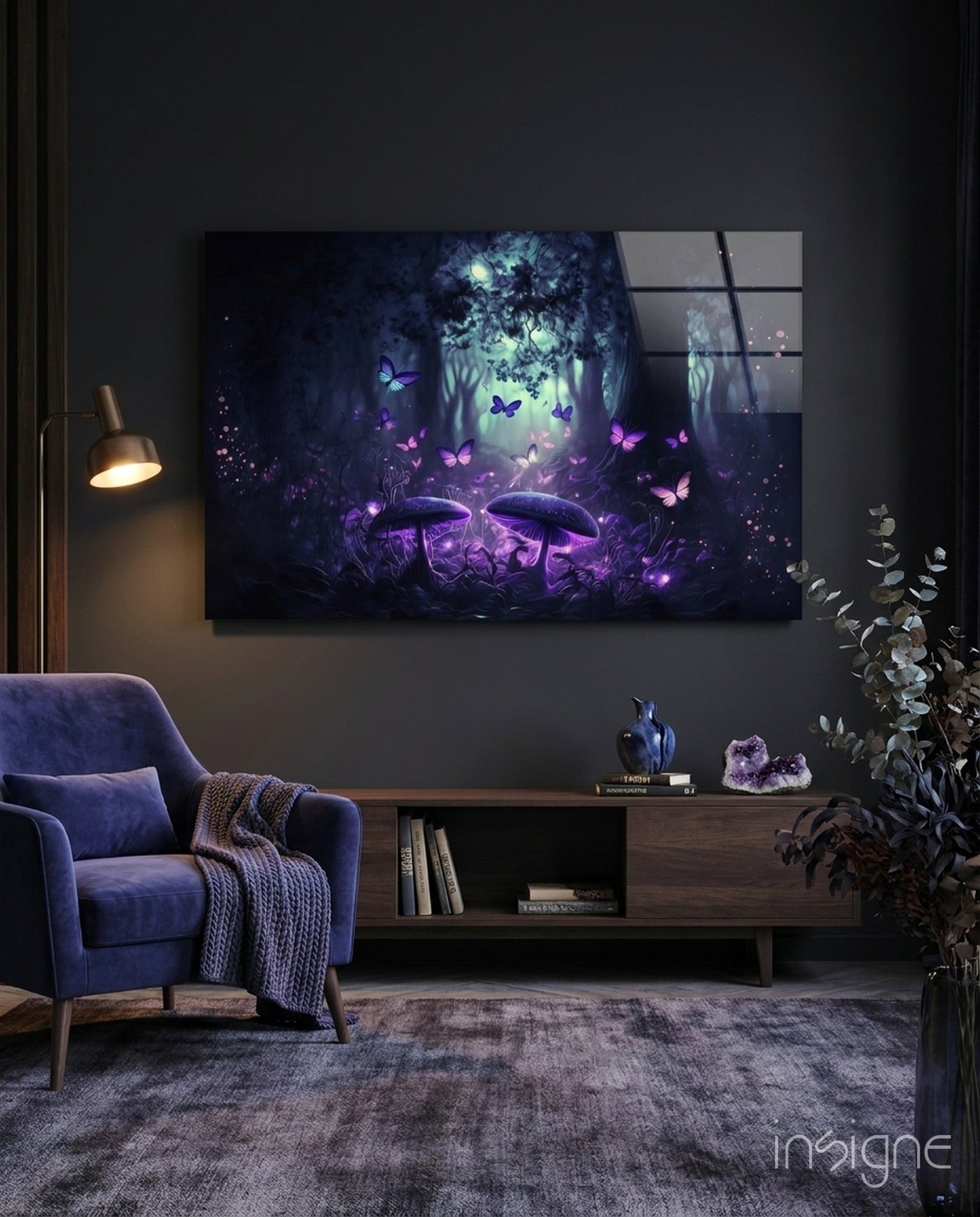 Mushrooms' Love glass wall art featuring glowing mushrooms and butterflies in a moonlit forest