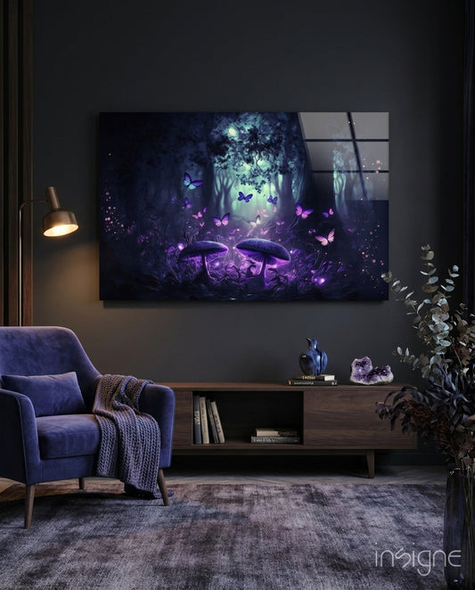Mushrooms' Love glass wall art featuring glowing mushrooms and butterflies in a moonlit forest