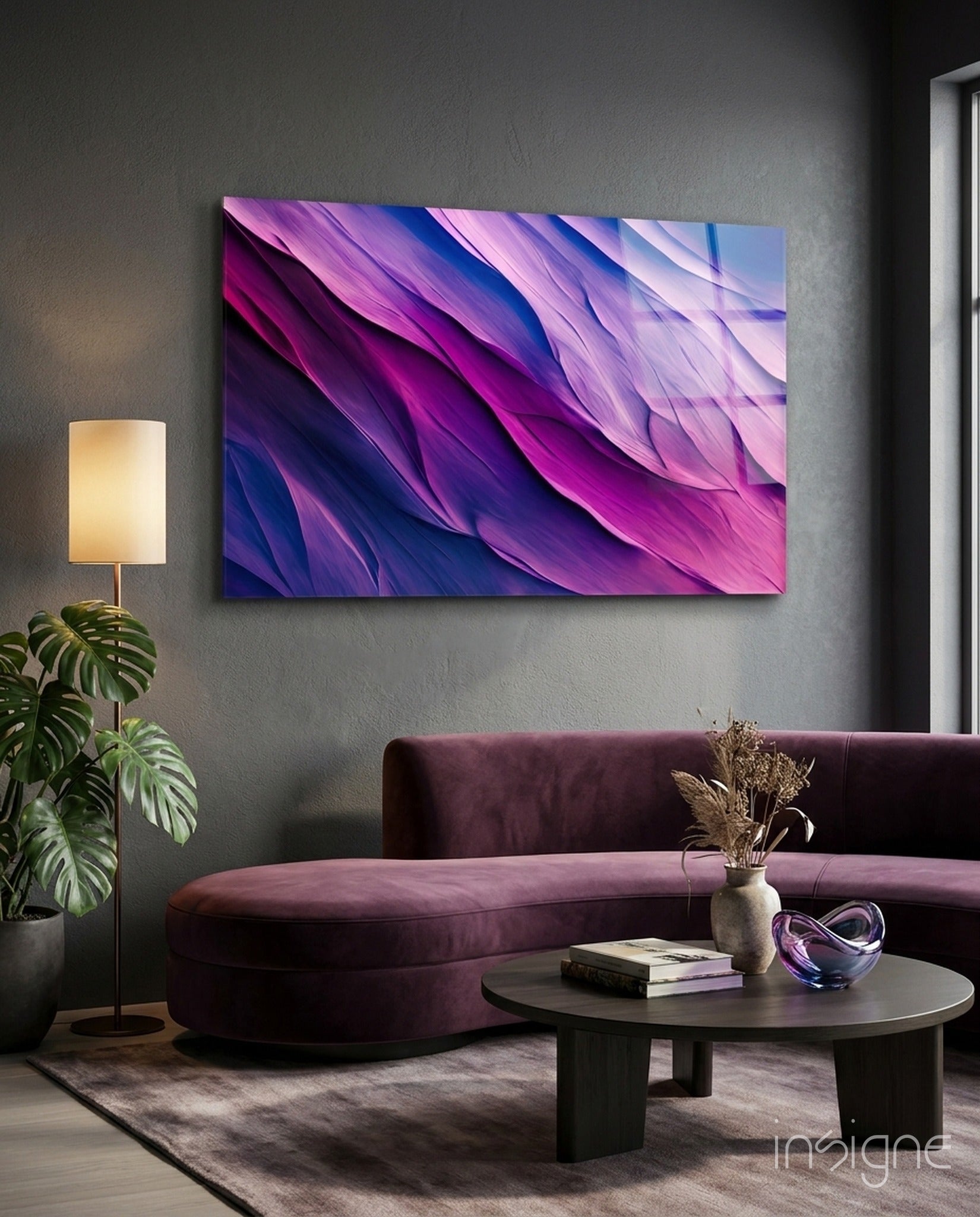 Purple Dance glass wall art hanging in a modern room