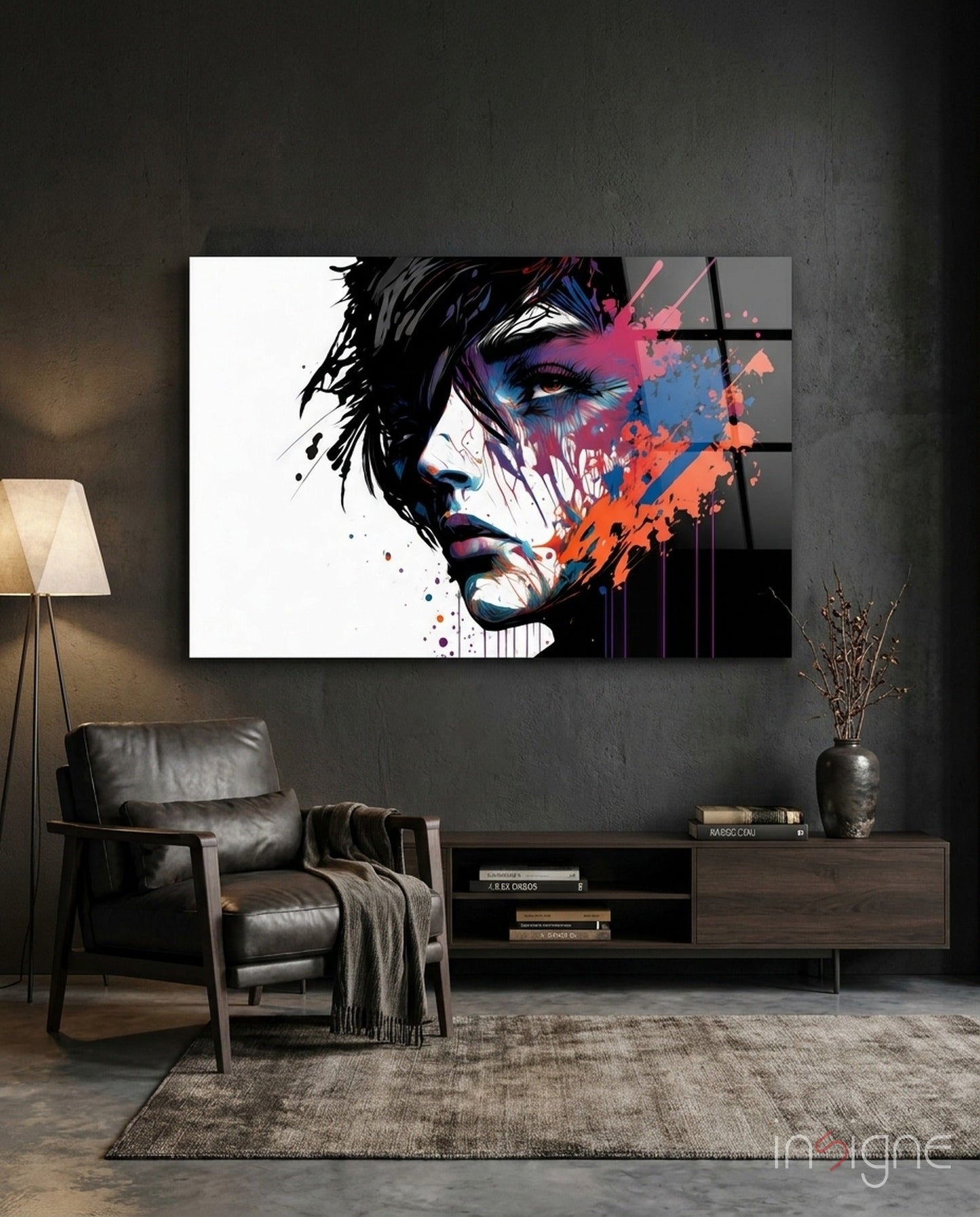 Rebel Beauty paint-splatter portrait glass wall art display