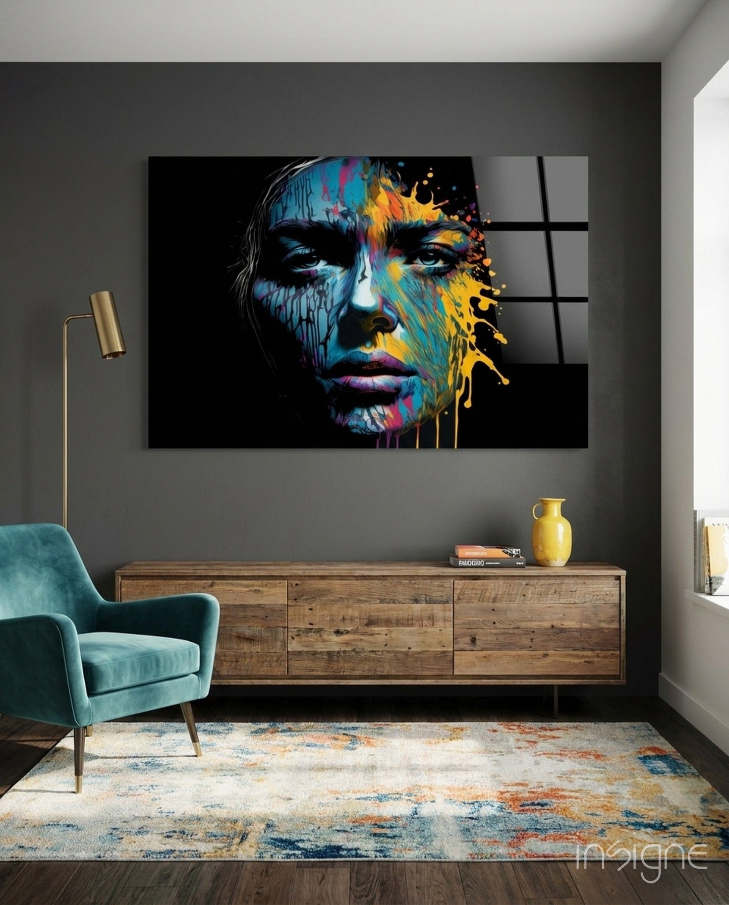 Beautiful Splash glass wall art hanging in a modern room