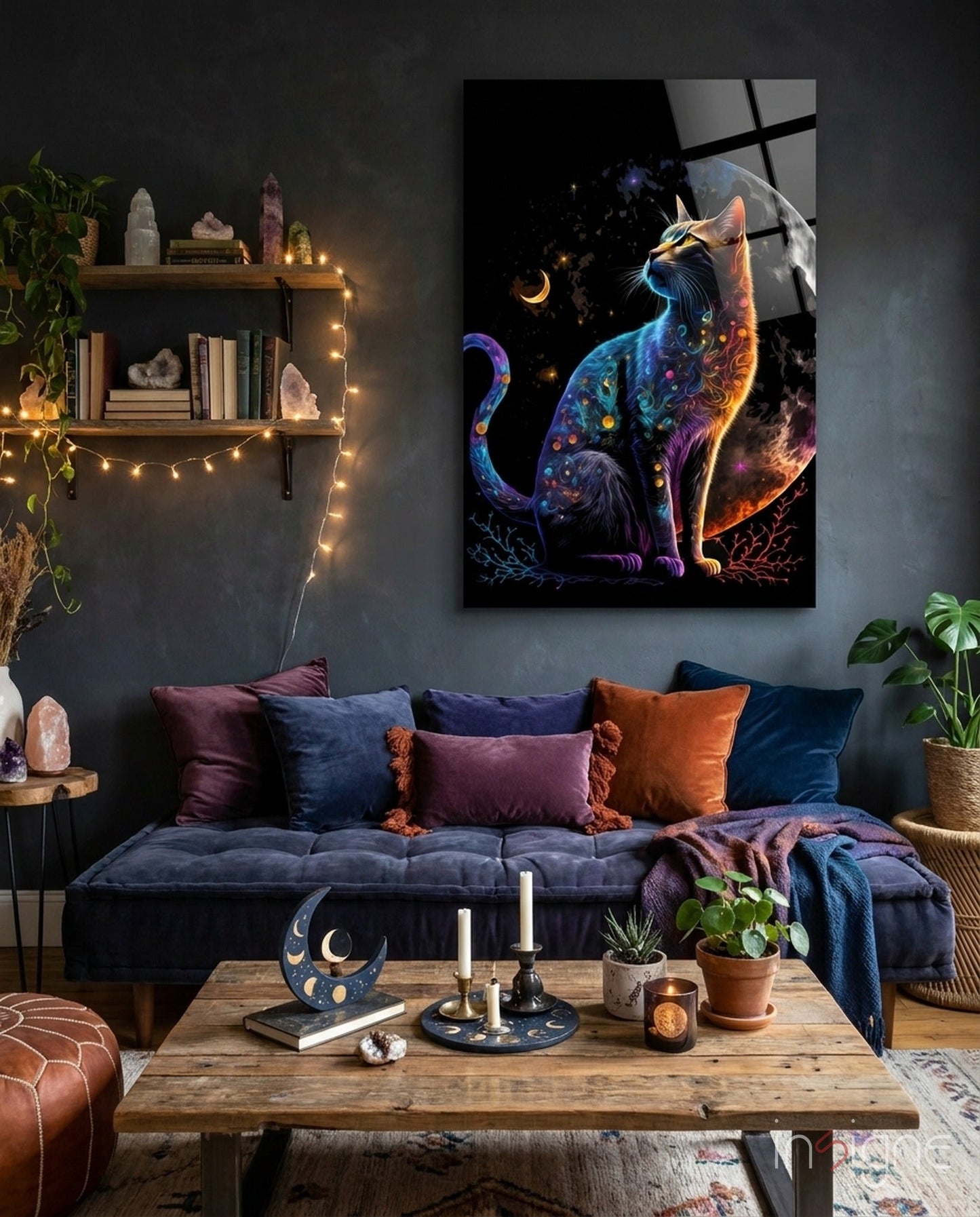 Moon Cat Crescent ornate cat glass wall art display