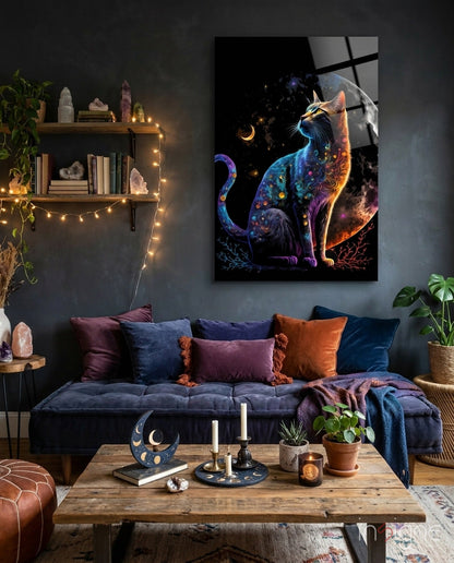 Moon Cat Crescent ornate cat glass wall art display