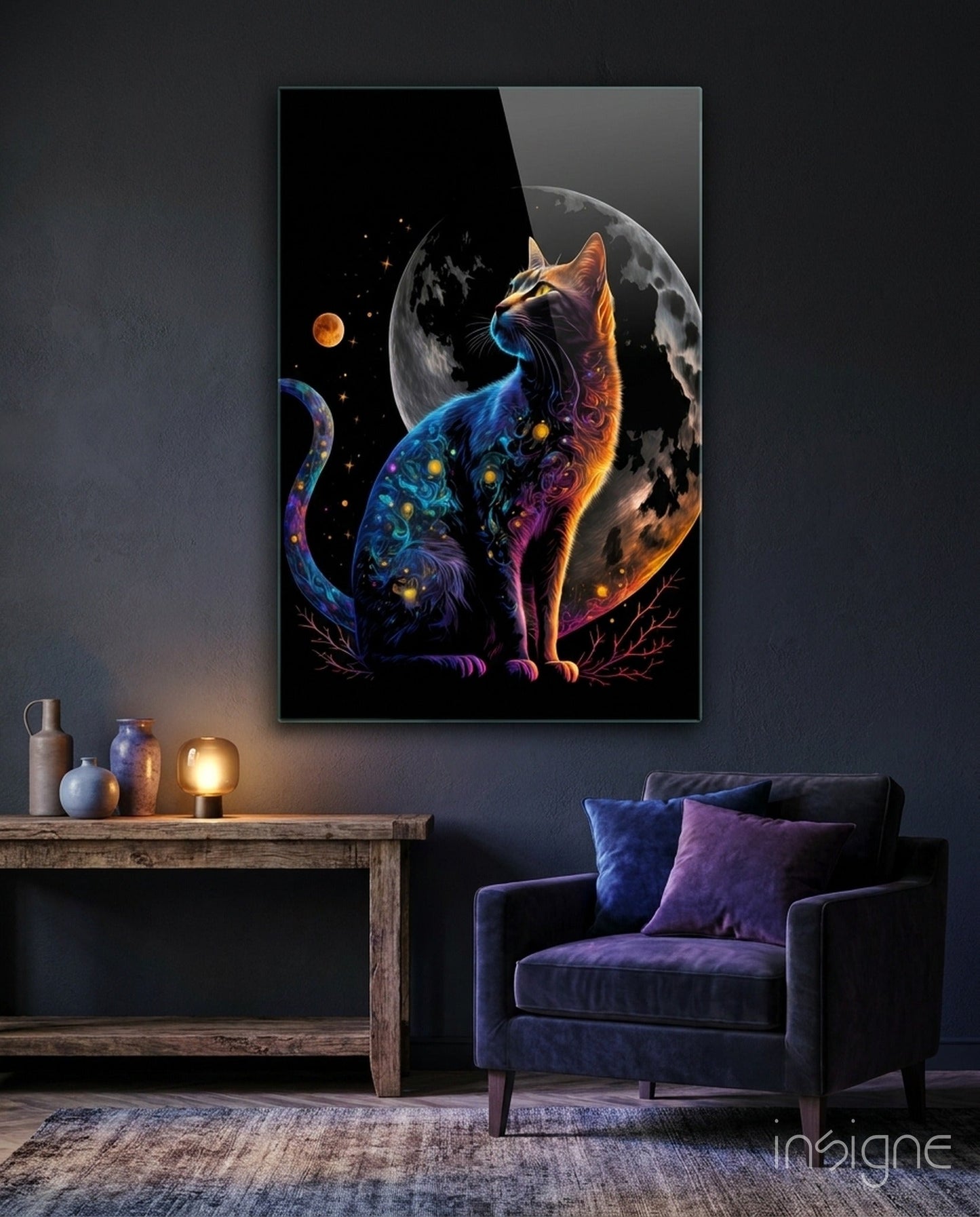 Serene cat beside a glowing crescent moon printed on glass wall art