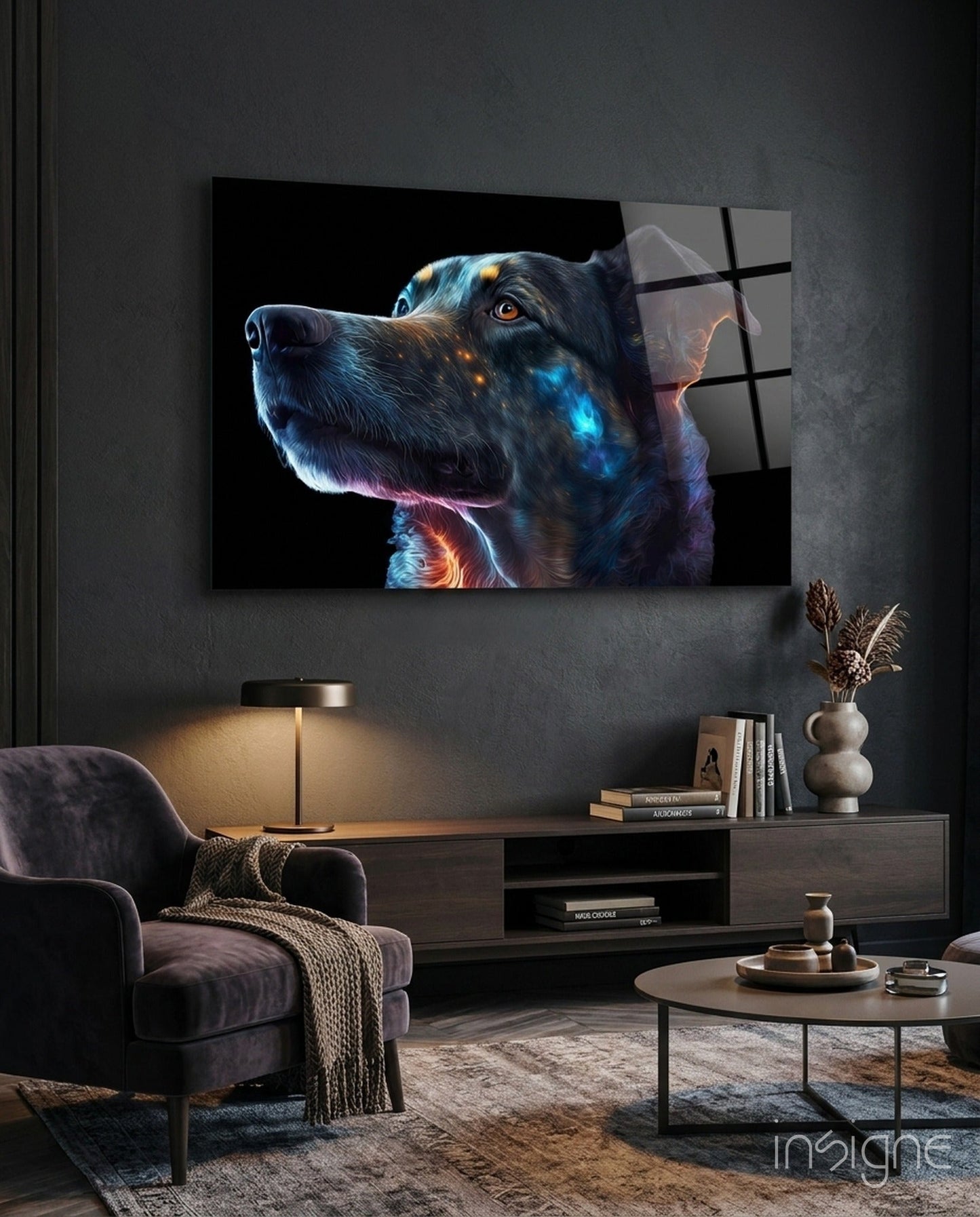 Space Dog glass wall art hanging in a modern room